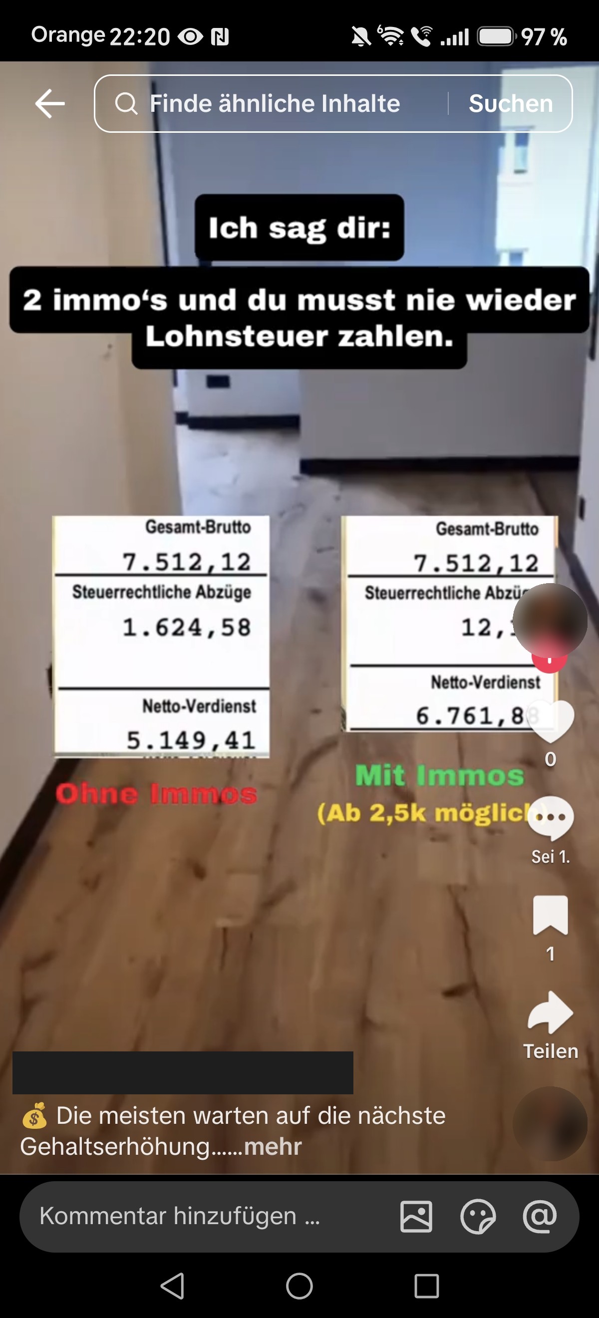 Vergleichsrechnung aus dem Reel: Netto ohne Immobilien 5.149 € vs. Netto mit Immobilien 6.761 €